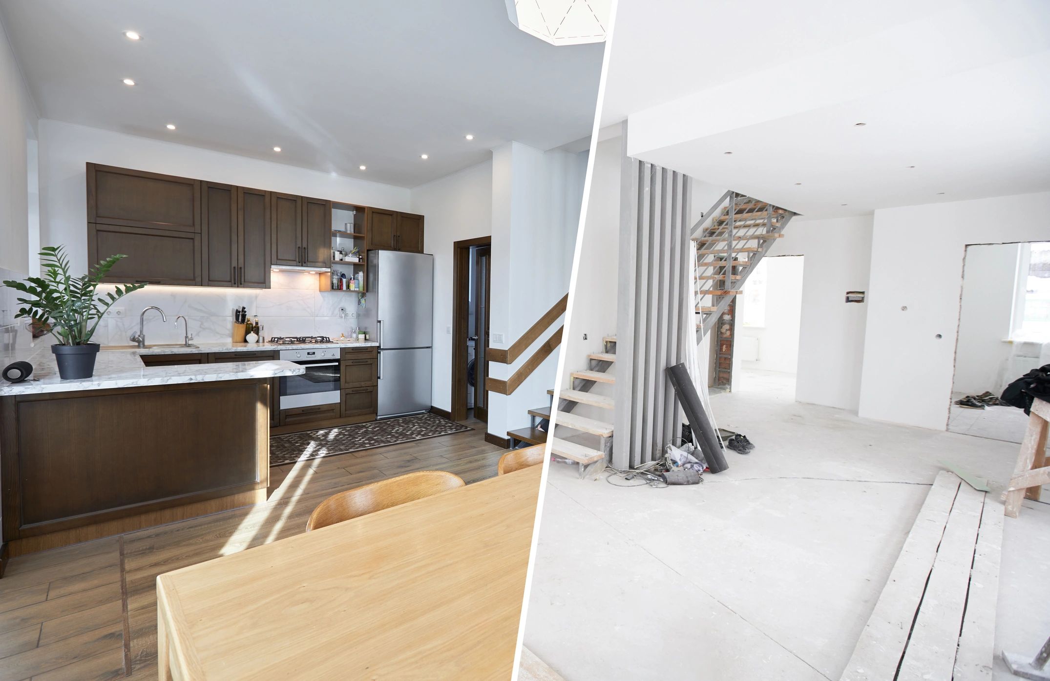 Home renovation concept. Before and after interior in a modern living room.