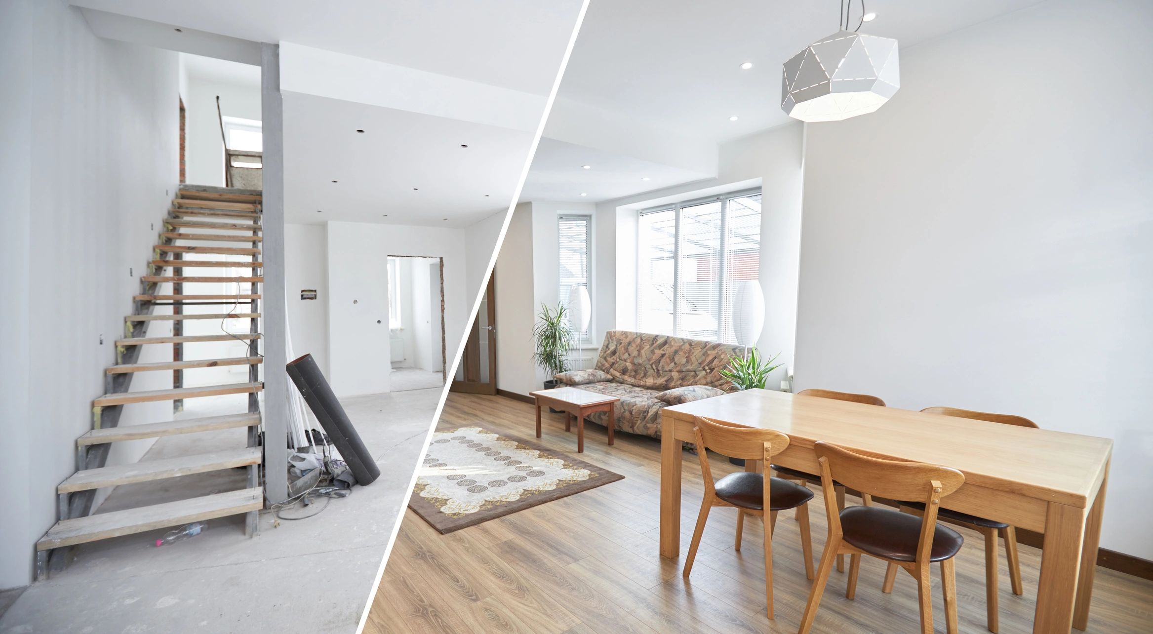 Home renovation concept. Before and after kitchen transformation.