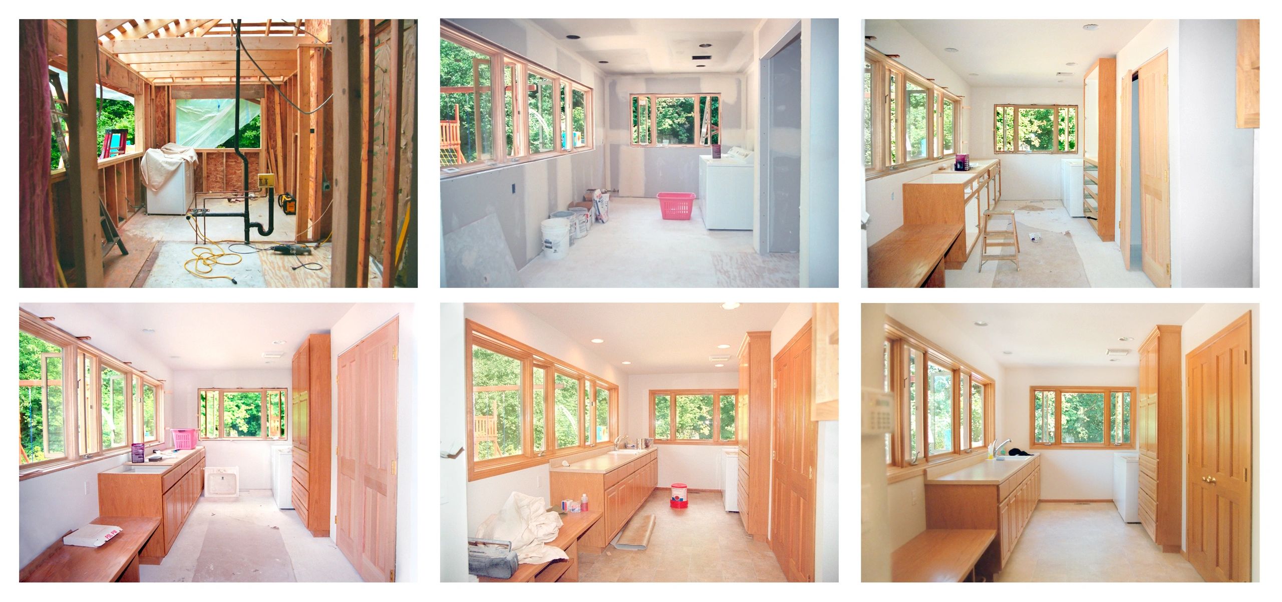 Progress of a laundry room remodel from framing to completion.